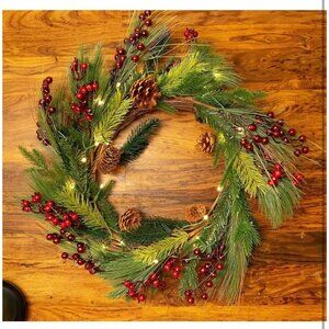 Red Co. 22” Light-Up Christmas Wreath with Pinecones & Evergreens, Battery-Opera